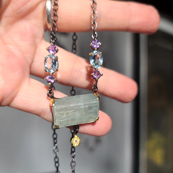 Aquamarine RAW 14k Amethyst &Topaz Sterling rhodium & gold necklace 18" - Picture 3 of 10